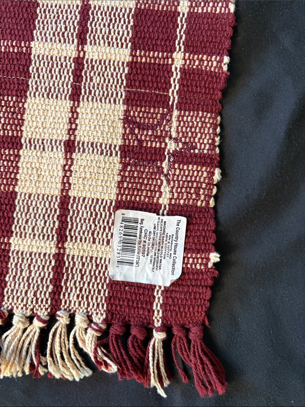 Table Runner- Burgundy and Cream Woven Plaid Runner with Star Applique - Picture 2 of 8